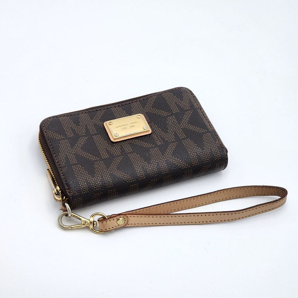 Michael Kors Coated Canvas Monogram MK Zip Wallet Wristlet Strap Dark Brown Gold